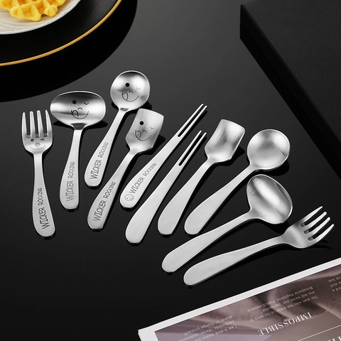 304 Stainless Steel Dessert Spoon And Fork Cartoon Smile Face Engraved Tableware For Kids Fruit Cake Ice Cream