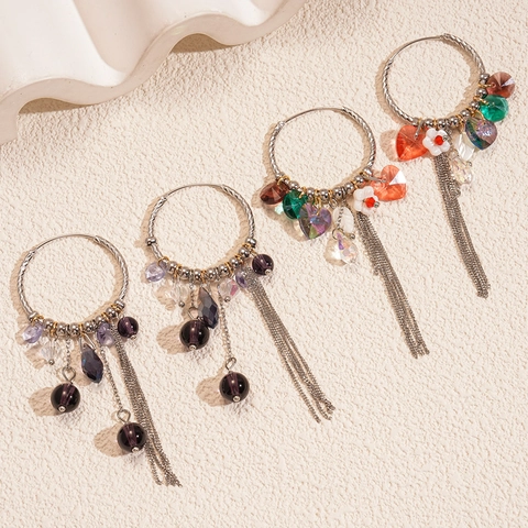 Orecchini A Cerchio Bohemienne Rame Cristallo Ottimizzato Nappa Lunga Cuore Fiore Fascino Stile Etnico Vintage