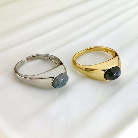 Natürlicher Labradorit Ovaler Stein Verstellbarer Offener Ring Vintage Minimalistischer Kupferschmuck Für Frauen