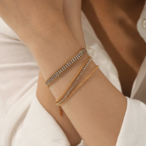 Double Layer White Zircon Bracelet 18K Gold Plated Stainless Steel Luxury High End Ins Style Jewelry For Women