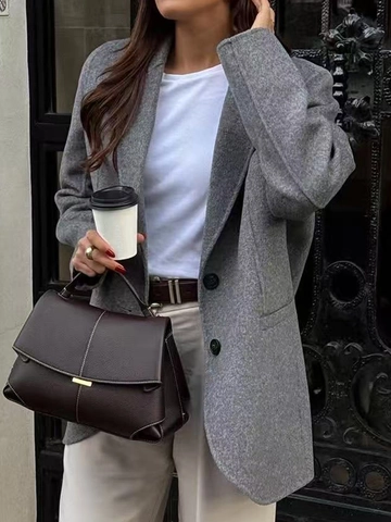 Women Woolen Texture Blazer Jacket Lapel Long Sleeve Solid Color Casual Business Office Outerwear