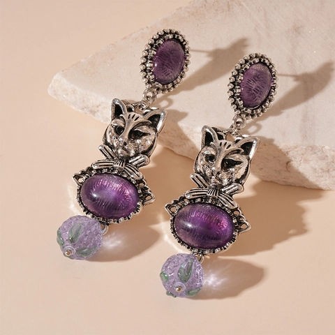 Boucles Oreilles Pendantes Chat Rétro Avec Résine Violette Strass Et Tige En Argent Sterling 925 Bijoux Gothiques