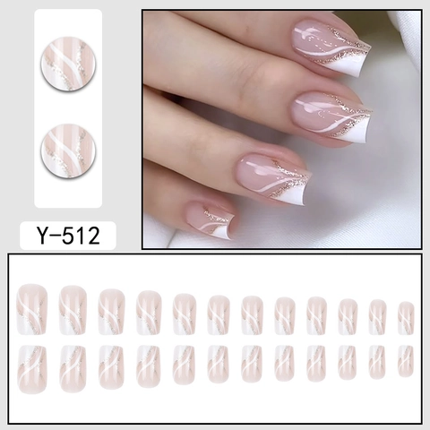 Glossy Square Press On Nails French Tip White Irregular Lines Glitter Elegant Artificial Fake Fingernails For Women