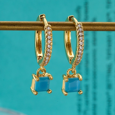 Eleganti Orecchini A Cerchio In Rame Placcato Oro Con Zirconia E Pendenti Quadrati In Pietra Preziosa Colorata Da Donna