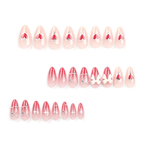 Valentine's Day Press On Nails 3D Bow Pearl Heart Gradient Red Almond Shape Soft Gel Fashion Decorative Manicure Accessories