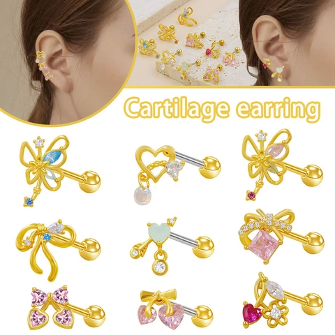 Fashion Titanium Steel Cartilage Stud Earrings For Women Rhinestone Bow Heart Cherry Butterfly Piercing Jewelry Gold Color