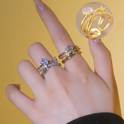 Anello In Rame Regolabile Design Incrociato Multistrato Con Zircone Per Donna Stile Di Moda Minimalista