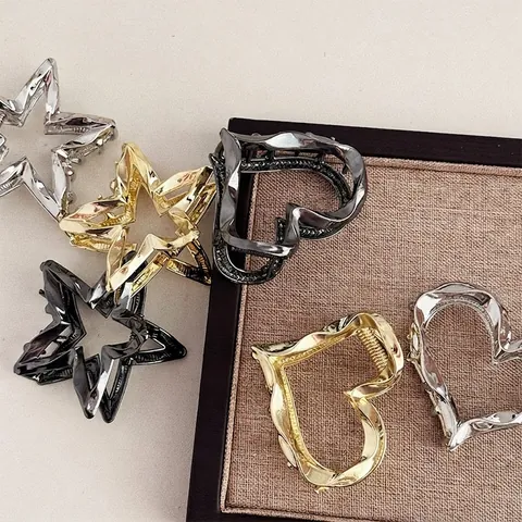 Pinza Per Capelli In Metallo Cava Cuore Pentagramma Stella Forma Elegante Onda Geometrica Porta Coda Di Cavallo Per Donne