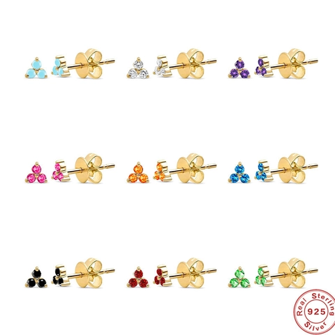 Clover Stud Earrings Geometric Colorful Zircon With 925 Sterling Silver Earring Post Floral Jewelry For Women