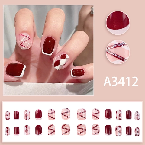 Press On Nails Wine Red White Checkered French Style Glitter Short Square Elegant Artificial Fake Fingernails For Women