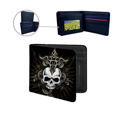 Herren Bifold Brieftasche PU Leder Kartenfächer Ausweisfenster Totenkopf Punk Tribal Print Streetwear Gothic
