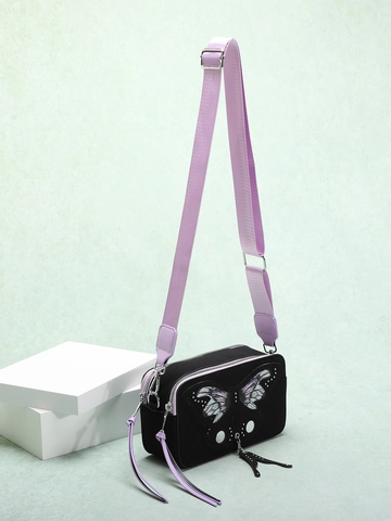 Butterfly Print PU Leather Crossbody Camera Bag With Adjustable Purple Strap Silver Rivets Gothic Dark Aesthetic Square Bag