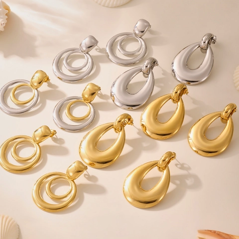 Stainless Steel Geometric Earrings Mirror Polished Double Hoop Teardrop Dangle For Women Fashion Jewelry