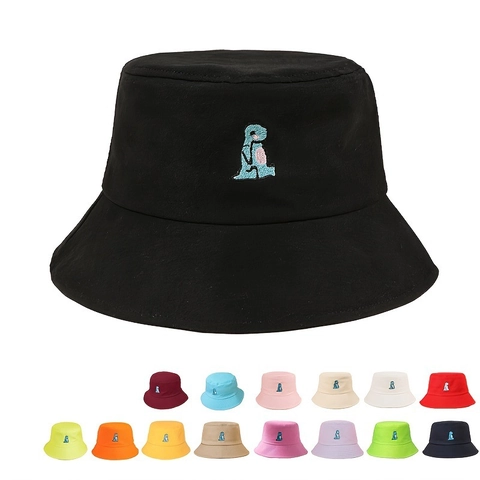 Bucket Hat Polyester Cotton Cute Dinosaur Embroidery Short Brim Sun Protection Outdoor Fisherman Hat Unisex