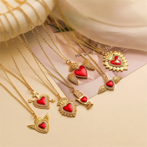 Collana Con Pendente A Cuore Rosso Rame Placcato Oro Ali Di Angelo Freccia Croce Zircone Smalto Gioielli Da Donna Alla Moda