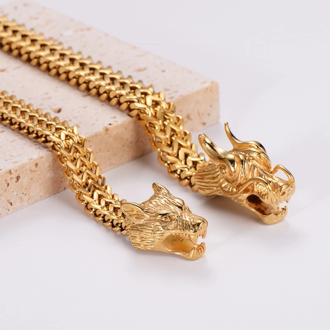 Bracciale Vichingo Testa Di Lupo Drago Da Uomo Acciaio Inossidabile Placcato Oro Catena Intrecciata Punk Hip Hop Gioielli