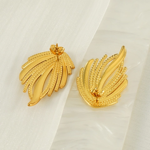 Feather Shape Stud Earrings 18K Gold Plated Stainless Steel Textured Wheat Ear Design Vintage Fashion Jewelry For Women