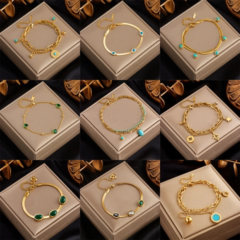 Titanium Steel Bracelet For Women Gold Plated Double Layer Chain Rhinestone Evil Eye Heart Star Charm Elegant Jewelry