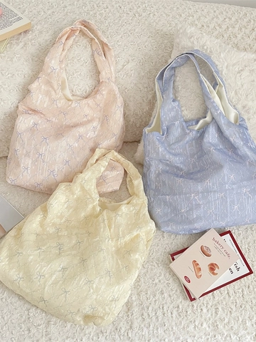 Damen Schultertasche Tote Bag Fee Mesh Textur Große Spitzenschleife Süß Frisch Ästhetisch Handtasche Sommer Casual Alltag