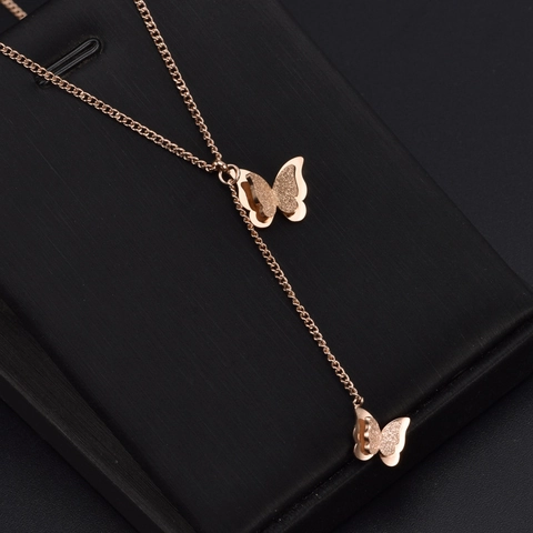 Butterfly Pendant Necklace Double Butterflies Frosted Matte Rose Gold Titanium Steel Y Lariat Chain Jewelry For Women