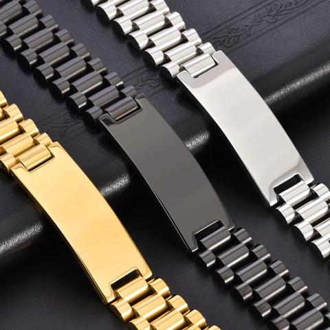 Men Stainless Steel Bracelet Watchband Chain Geometric ID Bar Plate Fashion Jewelry Commuter Style Accessory