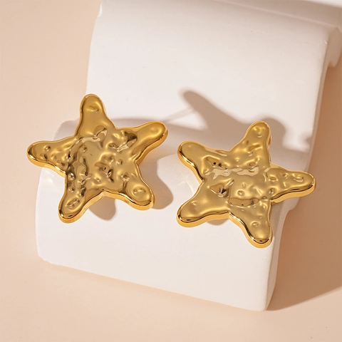 Starfish Stud Earrings Large Gold Hammered Texture Acrylic With Silver Earring Post Retro Fashion Jewelry