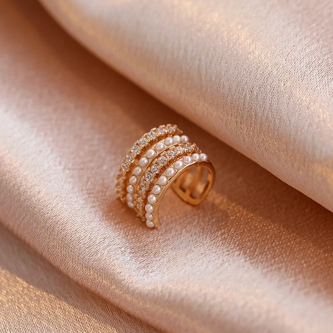 Πολυεπίπεδο Ear Cuff Από Χαλκό Με Πέρλες Και Στρας Χωρίς Τρύπα Κομψά Κοσμήματα Στυλ Ins Για Γυναίκες