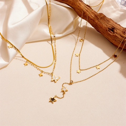 Women's Titanium Steel Double Layer Necklace Fashion Butterfly Star Rhinestone Tassel Pendant Necklace Gold Jewelry