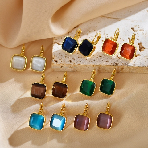 Vierkante Kattenoog Steen Leverback Oorbellen Roestvrij Staal Vintage Kleurrijk Hangende Sieraden Voor Vrouwen Elegant