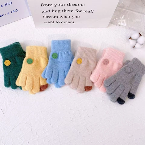 Kids Knit Gloves Touchscreen Warm Winter Children Smile Face Polyester Outdoor Five Finger For Boys Girls