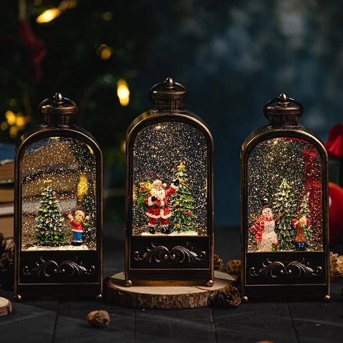 Linterna De Bola De Nieve De Navidad Bronce Vintage Luz LED Purpurina Rotativa Escena Papá Noel Muñeco De Nieve Musical