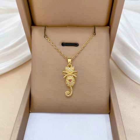 Katzen Anhänger Halskette Gold Titanstahlkette Kupfer Mikropavé Rhinestone Herz Edelstein Schleife Schmuck Für Damen