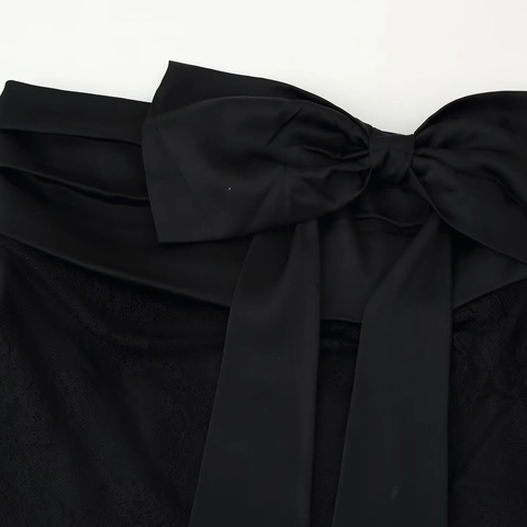Minifalda De Encaje Negro Con Gran Lazo De Satén Cremallera Lateral Plisada Sexy Ropa De Club Para Mujeres