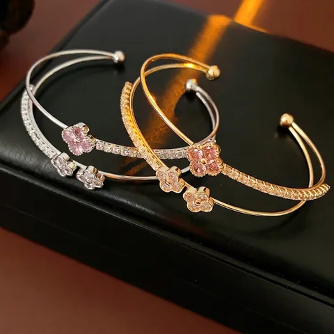 Double Layer Open Bangle Copper Cubic Zirconia Four Leaf Clover Flower Cuff Bracelet Elegant Korean Style Sweet Jewelry