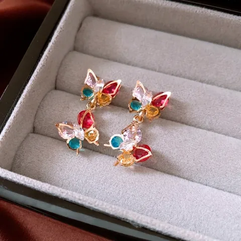 Colorful Zircon Butterfly Drop Earrings With Silver Earring Post Copper Vintage Luxury Style Jewelry For Women