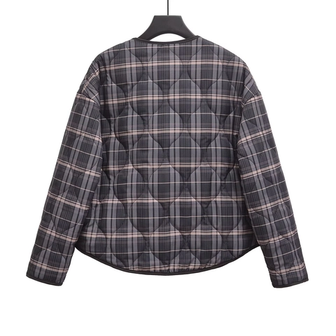 Veste Matelassée À Carreaux Femme Col Rond Fermeture Boutons Style Français Rétro Manteau Rembourré Élégant