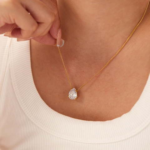 Collier Pendentif Acier Inoxidable Plaqué Or 18K Avec Zircon Blanc Poire Goutte D'eau Minimaliste Élégant Bijoux Femmes