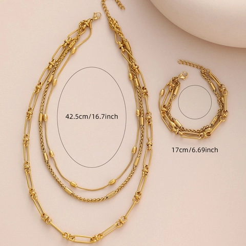 Minimalist Stainless Steel Gold Jewelry Set For Women Multi Layer Necklace And Bracelet Bamboo Link Chain Geometric Fashion Accessoires