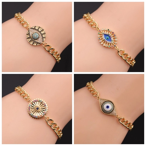 Evil Eye Armband Kupfer Mit Bunten Zirkonia Vergoldet Türkisches Amulett Panzerkette Verstellbarer Schmuck Für Damen Herren