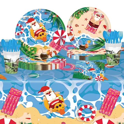 Summer Christmas Party Tableware Plastic Tablecloth Paper Plates Cups Napkins Cutlery Straws Tropical Beach Santa Decor