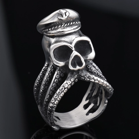 Gothic Skull Captain Ring 316L Stainless Steel Octopus Tentacle Nautical Anchor Jewelry For Men Vintage Punk Style