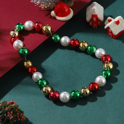 Christmas Beaded Necklace With Red Green Gold White Beads For Women Retro Palace Style Holiday Jewelry
