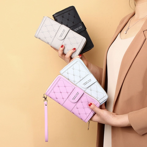 Damen Geldbörse Lang PU Leder Gestepptes Herzmuster Große Kapazität Clutch Mit Handschlaufe Druckknopf Reißverschluss