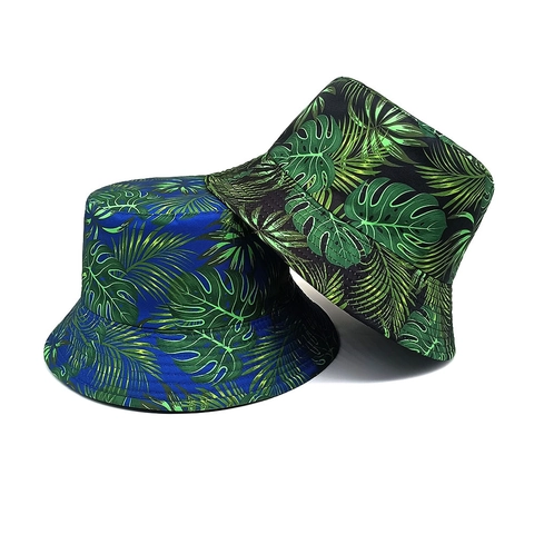Women Tropical Leaf Print Bucket Hat Polyester Reversible Summer Sun Protection Beach Vacation Outdoor Retro Style
