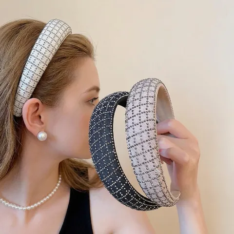 Cerchietto Imbottito Tessuto Vetro Strass Griglia Spesso Antiscivolo Elegante Accessorio Capelli Donna