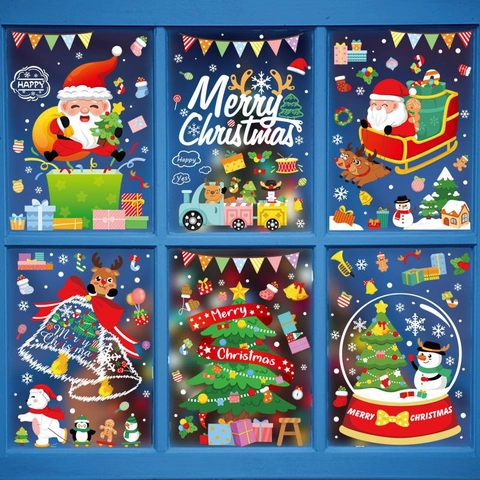 Christmas Window Stickers Static Cling PVC Santa Snowman Reindeer Snowflake Glass Showcase Festive Decoration Removable