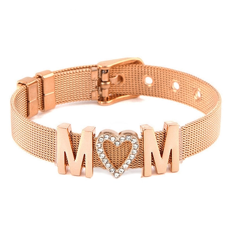 Stainless Steel Mesh Band Bracelet Adjustable Rhinestone Heart MOM Letter Jewelry Mother Day Gift For Women