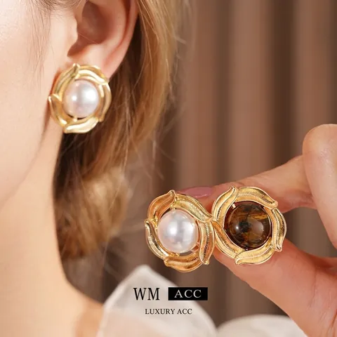 Retro Runde Ohrstecker Mit Künstliche Perle Tigerauge Und Silver Earring Post Vintage Maillard Stil Für Damen