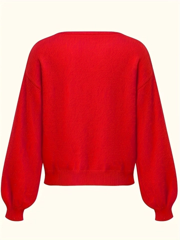 Maglione In Maglia Con Scollo A V Da Donna Manica Lunga Pullover Vestibilità Comoda Tinta Unita Poliestere Rosso