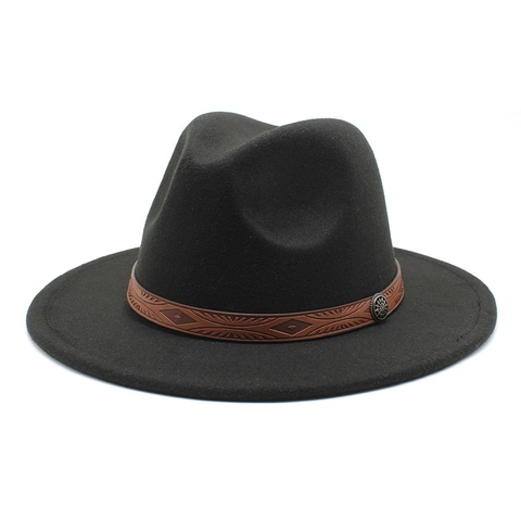Classic Woolen Felt Fedora Hat Wide Flat Brim Vintage Ethnic Band Metal Buckle For Men Women Jazz Style